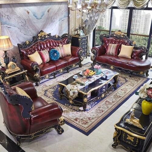 European-style Leather Sofa Combination 123 Luxury Living Room Furniture All Solid Wood Oak Sofa Blue Chairs for Bedroom