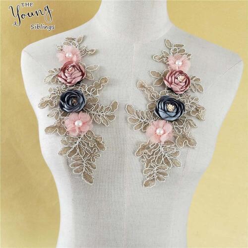 New Fashion 3D Rose Lace Collar DIY Pearl Embroidery Applique lace Neckline Decorate costume Sewing craft supplies 1pcs sell