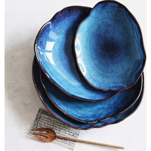 LUOKING Ceramic Salad Plate Lrregular Food Dish Kitchen Supplies European Blue Glaze Pottery Dinner Plates Household Tableware