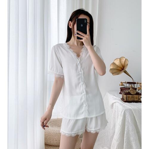 Freshing Summer Womens Ins Style Pajamas Short Sleeve Short Pants Set Lace Sweet Nightwear