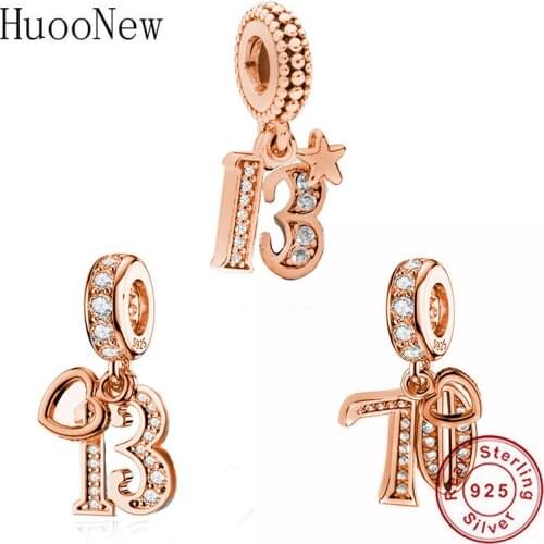 Fit Original Pandora Charm Bracelet 925 Sterling Silver Star Rose Gold 13th 70th Number Bead For Making Women Bithday Berloque
