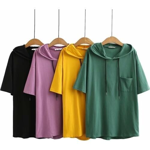 Plus Size Hoooded Tops Women Solid Cotton Short Sleeve Summer Tshirts Oversized Casual Shirts