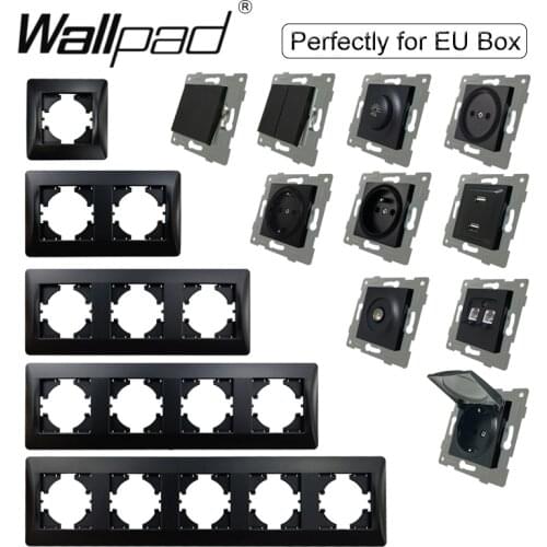 DIY EU Socket Switch Black Plastic Frame Socket Wallpad TV DATA Satellite Curtain Dimmer Fan 1 2 Gang 2 Way Switch For EU BOX