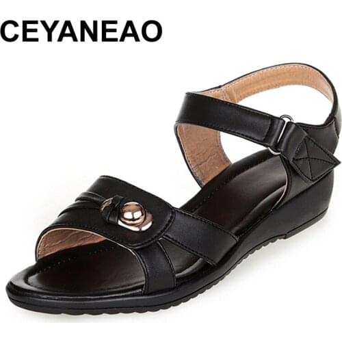 CEYANEAO Retro Soft Shoes Women Genunie Casual Leather Summer Flat Solid Platform Wedge Sandals Big Size Ladies Zapatos De Mujer