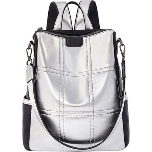 Silver Leather Bag Women Fashion Backpack Patchwork Bagpack Elegant Ladies Brand Korean Anti Theft Backpack Mochila Feminina Bag