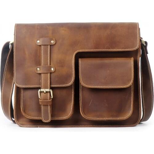 Mens Crazy Horse Leather Messenger Bags For Men Business Shoulder Bag Male Vintage Crossbody Pack Retro Office Travel Bag