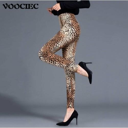 VOOCIEC Spring and autumn fashion Fashionable slim Leggings Womens sexy graffiti leopard print pencil pants Elastic Capris