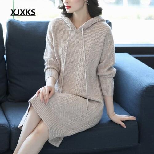 XJXKS 2020 winter new women long sweater fashion hooded plus velvet thick warm comfortable women cashmere knitted dress