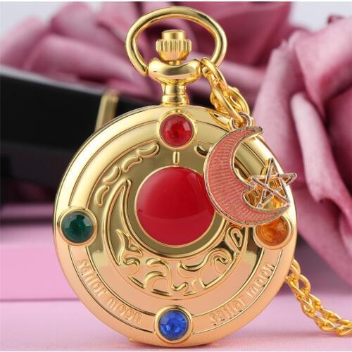 Japanese Anime Sailor Moon Theme Students Necklace Pocket Watch Quartz Lovely Pendant Watch Gifts for Kids Girls