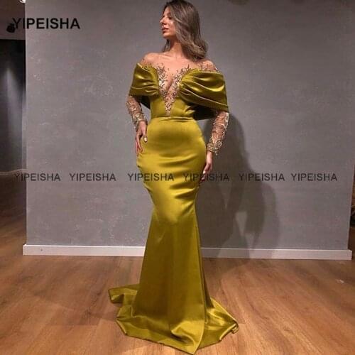 Yipeisha Sexy Jewel Long Sleeves Evening Dress Sheer Neck Appliqued Beaded Gold Mermaid Prom Gown Formal Dresses Arabic