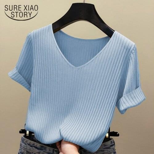 Knitted Short Sleeve Blouse Women Tops 2021 Solid Korea Summer Shirt Thin V-neck Knit Female Tee Shirt Dames Gebreid Shirt 13783