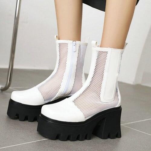 Black White Big Size Women Ankle Boots Summer Hollow Breathable Mesh Boots Fashion Slip On Thick High Heel Platform Shoes