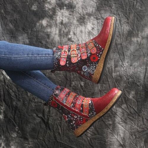 New Womens Ethnic Long Tube Boots Handmade Embroidery Winter Mid-Calf Riding Lady Retro Rome Style Low Heel Pu Leather Shoes