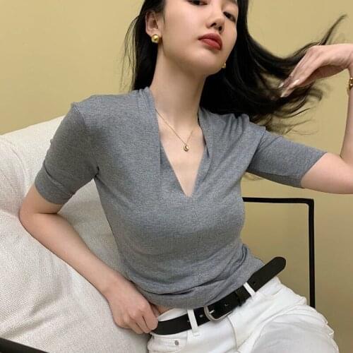 Woman TShirts Womens Short-Sleeved V-neck Black T-shirt White Top Crop Top Mujer Camisetas