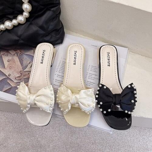 2021 Summer Sandals Shoes Women Bow Summer Sandals Slipper Indoor Outdoor Square Toe Flip-flops Beach Shoes Female Slippers