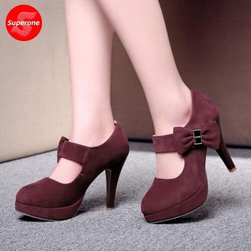 Superone Size 32-48 Ladies Ankle Buckle High Heels Shoes Women Glitters Solid Pumps Fashion Platform WomenS Party Footwear