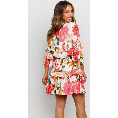Women Clothes Floral Ruffle Wrap Dress 2010 Boho A-Line Chiffon Short Dress Flare Sleeve Lace Up Summer Mini Dress Plus Size