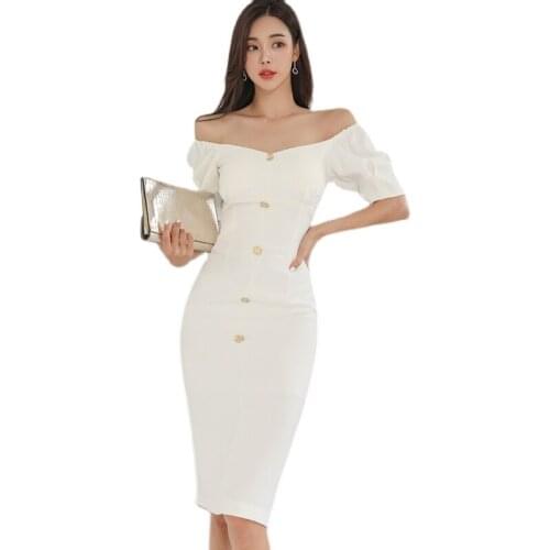 Summer white off shoulder tight Dress one piece kroean ladies Short Sleeve cabaret party Sexy office bodycon Dresses for women