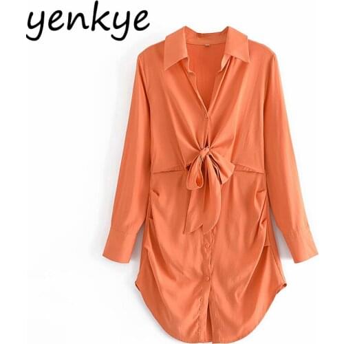 YENKYE New Fashion Women Orange Shirt Dress Female Front Knot Lapel Collar Long Sleeve Short Dress Summer vestido