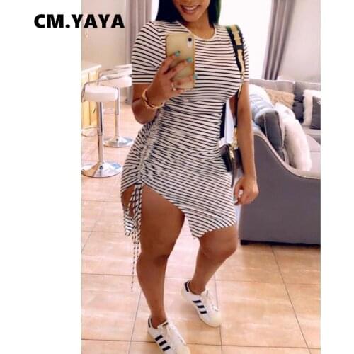 CM.YAYA Ruched Stacked Side Slit Short Sleeve Striped Womens Dress for Basic Drawstring Streetwear Dresses