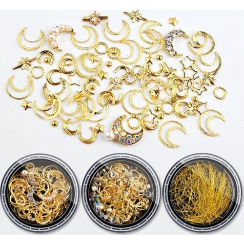 1Box Mixed AB Crystal Rhinestones Hollow Metal Studs 3d Gold Silver Moon Star Rivets Glitter Decoration DIY Nail Art Accessories