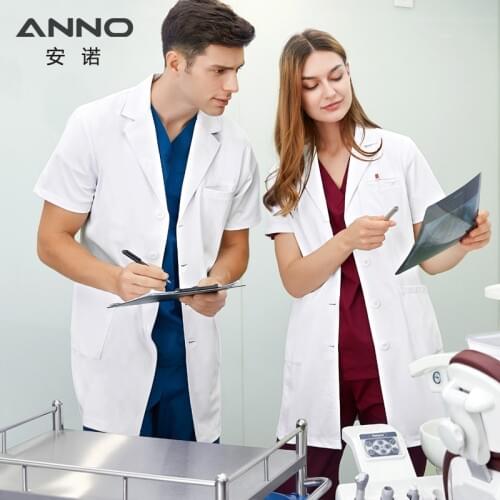 ANNO Short Sleeve Lab Uniforms Summer Hospital Elastic Fabric Pharmacy White Coat Chemistry Unisex Elastic Doctor Uniform Gown