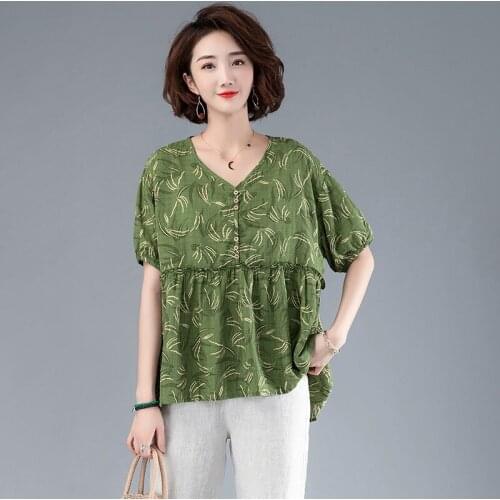 Plus Size Women Cotton Linen Casual Blouses New Arrival 2021 Summer Vintage Style Vintage Print Loose Female Tops Shirts S3376