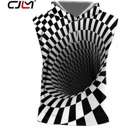 CJLM Man Hiphop Streetwear Punk Sleeveless Hoodies Tracksuits Tops Wormhole Print Black White Grid 3D Hooed Tank Top Cap Vest