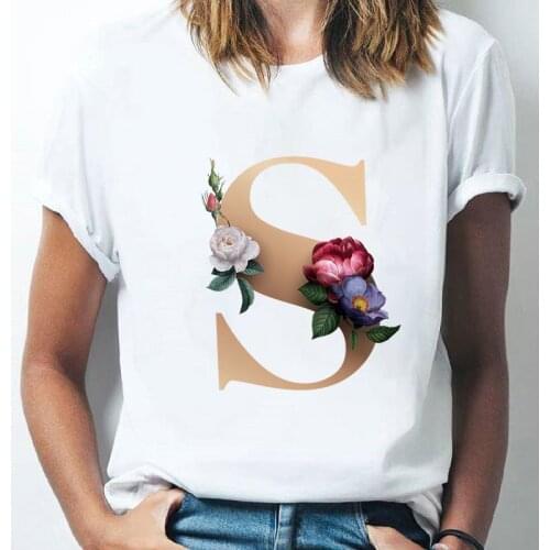 New Summer Woman Tshirts Custom Name Letter Combination Print Graphic Tee T-shirt Golden alphabet flower Short Sleeve Clothing