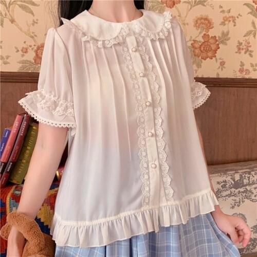 Kawaii JSK Blouse Japanese Summer Women White Lolita Blouse Cute Peter Pan Collar Chiffon Blouses Soft Girl Lace Ruffles Blusas
