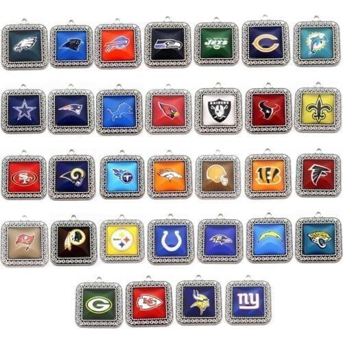 Mixs 32pcs/lot Silver Glass Sports Football Teams Suqrar Dangle Charms Fit Necklace Bracelet DIY Jewelry Making