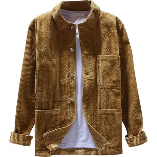 Men Solid Color Long Sleeve Turn Down Collar Buttons Corduroy Pockets Shirt