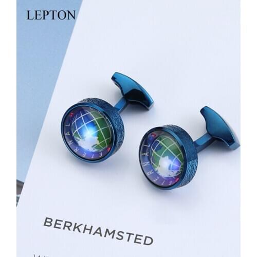 New Globe Earth Cufflinks Blue Color Lepton Stainless steel Rotatable globe planet earth World Map Cuff links For Mens Gift