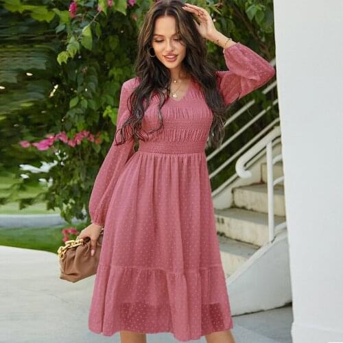 Autumn 2021 New Ladies Dress V-neck Long-sleeved Waist Casual Slim Temperament Fashion Mid-length Skirt Womens Clothing WE402