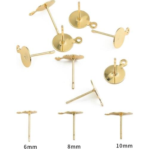 6/8/10mm 18K Gold Plated Stud Earring Blank Base Ear Post Earring Plug Ear Back For DIY Jewelry Making Cabochon Cameo Settings