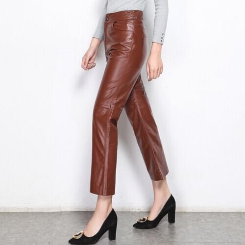 Pantalons 2020 New Womens Streetwear Long Pants Calcas Slim Trousers Genuine Leather Sheepskin Solid Female Fashion Flare Pants
