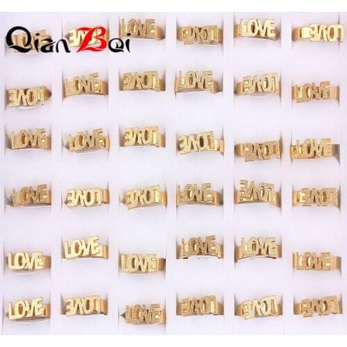 QianBei Wholesale 20pcs Lots Gold Color Love Letter Pattern Finger Ring for Women Wedding Engagement Jewelry Gifts