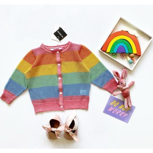 Tonytaobaby Girls' Spring Golden Rainbow Color Knitted Cardigan Long Sleeve Color Matching Thin Sweater