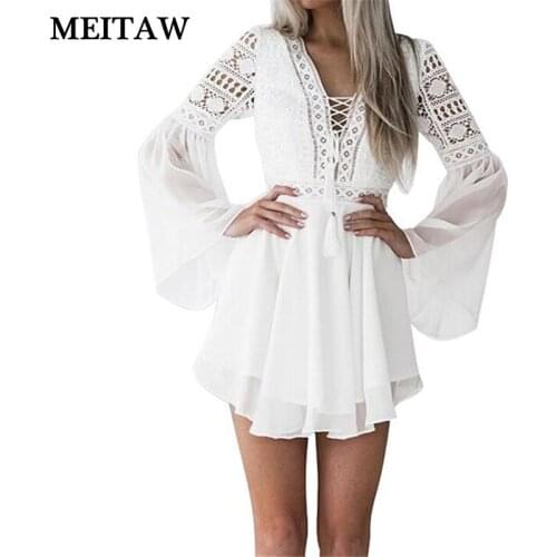 Vintage Crochet Lace Boho Dress Elegant Chiffon Party Dresses 2020 Sexy V-Neck Long Sleeve Hollow Out Mini Dress