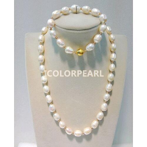 WEICOLOR Hot !10x15MM Water Drop White Natural Freshwater Pearl And Golden Bead Jewelry Set (necklace and bracelet),Magnet Clasp