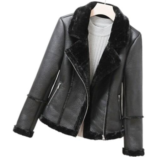 2021 Hot Fashion Women Winter Warm Faux Leather Jackets with Fur Collar Belt Lady Black Pink Motorcycle Biker Outerwear Coats