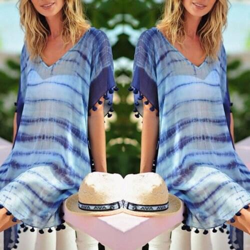 Womens Beach blouse 2020 Summer Striped Tassel Swimsuit Hollow Shirts Sunscreen Bikini Cover Up tops blusas mujer de moda2019