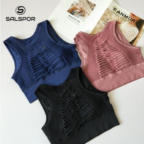 SALSPOR Sexy Fitness Sports Bra Women Fitness Removable Cups Fitness High Support Workout Crop Top Bra Back Cutout Activewear