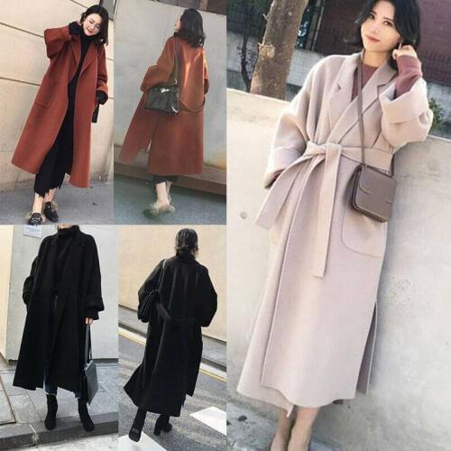 Womens Winter Lapel Trench Coat Belt Cashmere Wool Blend Jacket Oversize Outwear