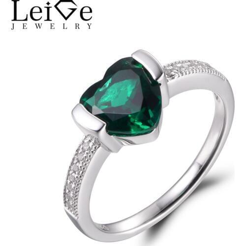 LeiGe Jewelry Emerald Engagement Ring May Birthstone Heart Cut Green Gemstone Ring 925 Sterling Silver Lovely Rings for Girls
