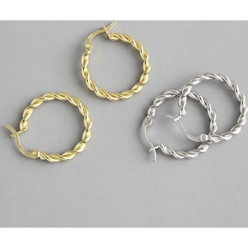 1pair Authentic 925 Sterling silver Mobius Gold White Double Rows Twisted Roped Hoop Huggie Earrings FINE jEWELRY E453