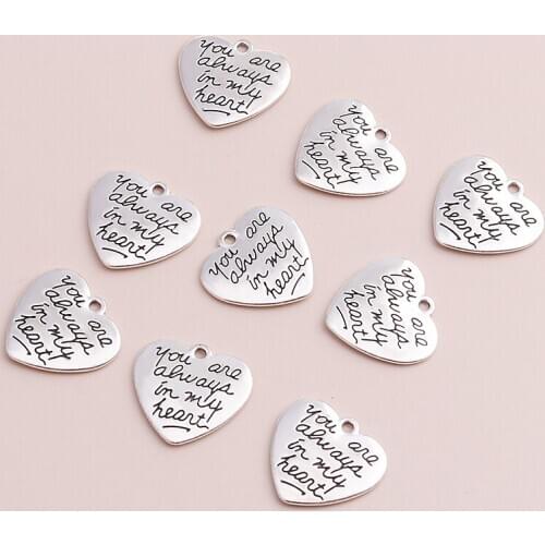 10pcs 23x21mm Retro Hearts Carved You are always in my heart Letters Pendants Charms for Making Necklaces Accessories