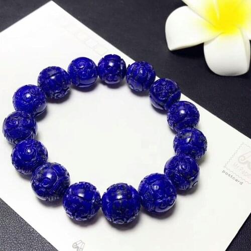 14mm Genuine Natural Lapis Lazuli Royal Blue Gemstone Bracelets Crystal Stretch Craved Round Beads AAAAA