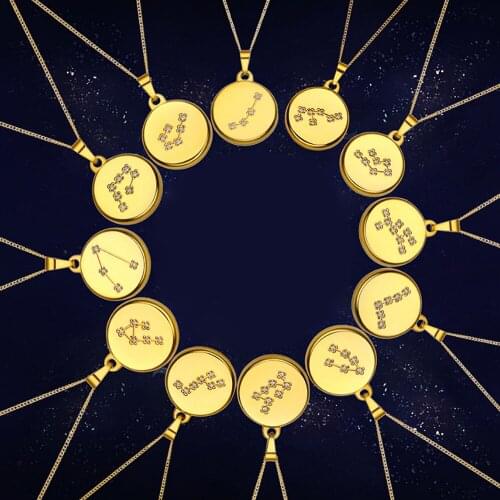 Zodiac Round Pendant Necklace Women Fashion Neck Decorations Female Lucky Jewelry Accessories Long Chain Necklace 2021