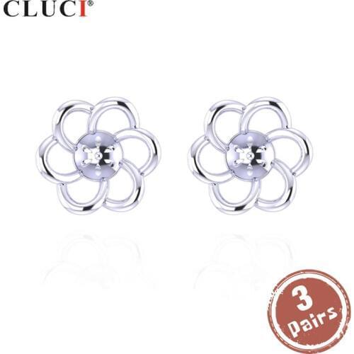 CLUCI 3 pair 925 Sterling Silver Women Stud Earrings Jewelry Silver 925 Pearl Earrings Mounting Clover Earrings SE089SB